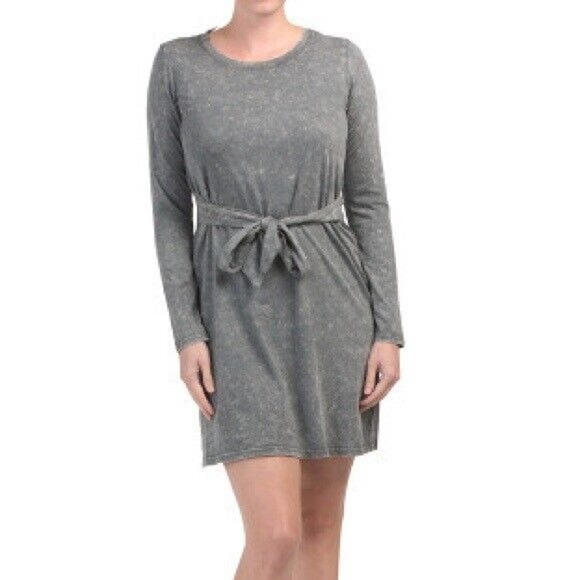 Cable & Gauge Sz M T Shirt Dress Gray Tie-Dye Long Sleev Tie Waist Stretch FLAW - Picture 1 of 11